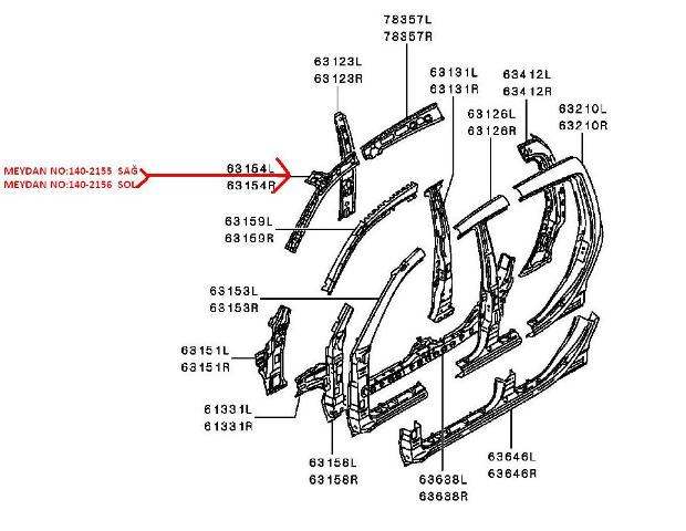 MITSUBISHI L200- PICK UP- 06/15; ÖN DİREK ÜST IÇ SACI SAĞ TAVAN ÖN KISMINA TAKILAN ÇİFT KABİN(OR