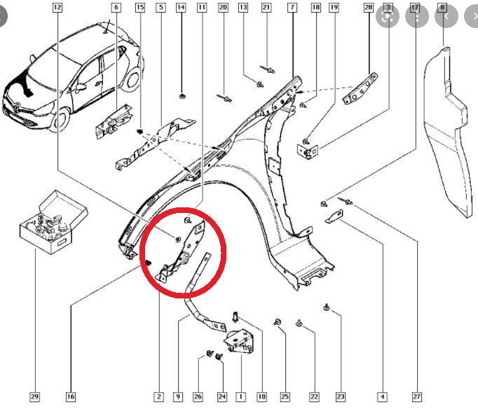 RENAULT CLIO- 4- HB- 13/16; ÖN ÇAMURLUK BAĞLANTI SUPORTU SAĞ (UÇ KISIM) (SAC) (EAGLE BODY)