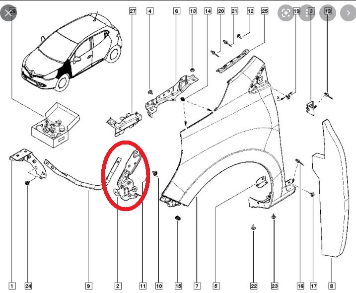 RENAULT CLIO- 4- HB- 13/16; ÖN ÇAMURLUK BAĞLANTI SUPORTU SOL (UÇ KISIM) (SAC) (EAGLE BODY)