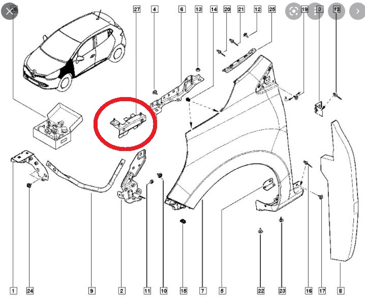 RENAULT CLIO- 4- HB- 13/16; ÖN ÇAMURLUK BAĞLANTI SUPORTU SOL (ORTA İÇ KISIM) (SAC) (EAGLE BODY)