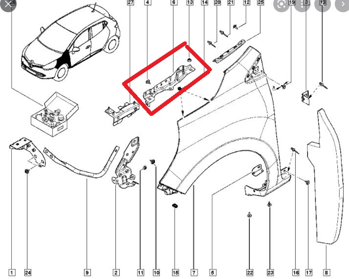 RENAULT CLIO- 4- HB- 16/20; ÖN ÇAMURLUK BAĞLANTI SUPORTU SOL (ORTA KISIM) (SAC) (EAGLE BODY)