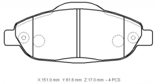 PEUGEOT 308- 08/13; ÖN FREN BALATASI (KABLOSUZ)(DİSK) (151X61,6X17) (BRAMAX)