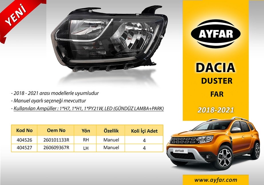 404527 FAR SOL DUSTER (2018-2021) (H7+H1 GÜNDÜZ FARI+PARK) *MOTORSUZ