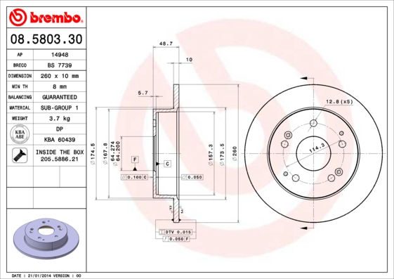 FREN DISKI ARKA DUZ- 260-5 - HONDA CIVIC TYPE-R 01 06 2.0
