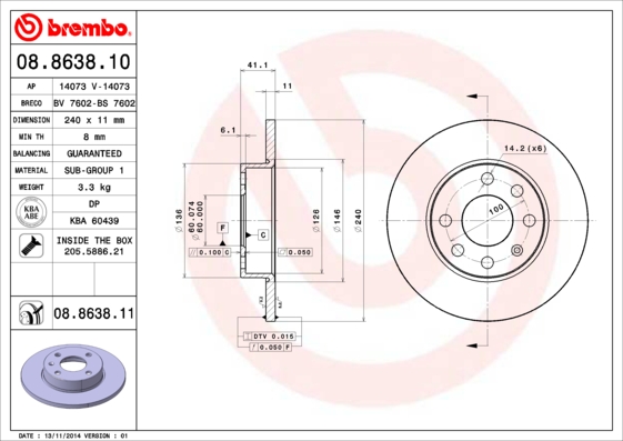 ÖN FREN AYNASI CORSA C 1.0-1.2 16V 01 11 240X11X4DL DOLU