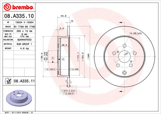 FREN DISKI ARKA DUZ- 280-5 - TOYOTA AVENSIS 03 08 1.6-2.0-2.0 D4D
