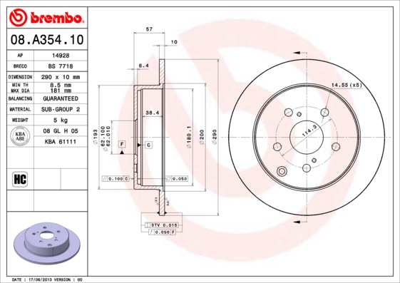 FREN DISKI ARKA DUZ- 290-5 - TOYOTA COROLLA-VERSO 04 1.6-1.8-2.0D4D-2.2D4D