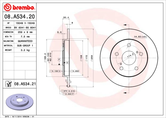 FREN DISKI ARKA DUZ 259-5 - UV COATED TOYOTA COROLLA 07 11 1.4-1.6 VVTI BENZINLI/AURIS 07 11