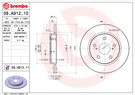 FREN DISKI ARKA DUZ 270-5 - TOYOTA COROLLA-AURIS 1.4 D4D 07 / COROLLA 13 1.4 D4D/AURIS