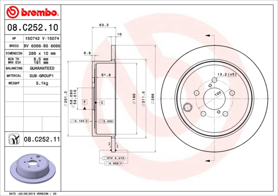 FREN DISK ARKA DUZ- 286-5 - SUBARU FORESTER 09 IMPREZA 08 LEGACY 09 OUTBACK 09