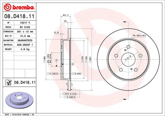 FREN DISKI ARKA DUZ 281-5 TOYOTA C-HR 16-RAV 4 V 18- UV COATED