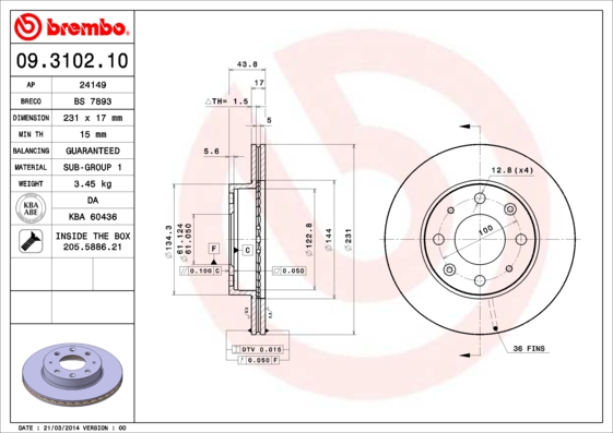 FREN DISK ON HAVA KANALLI 231-4- HONDA CIVIC III 1985 1987 HONDA CIVIC IV 1987 1989
