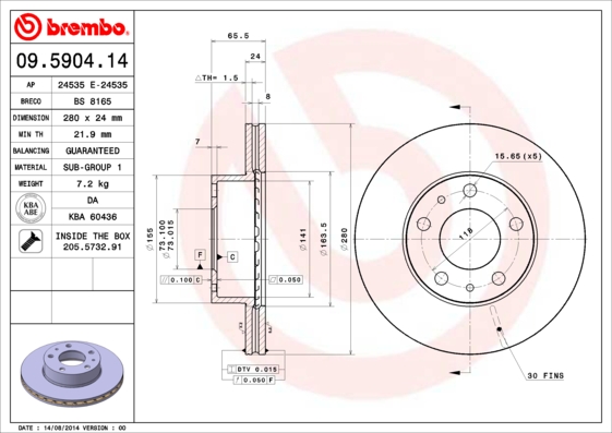 FREN DISKI ON HAVALI 280 MM PEUGEOT BOXER-CITROEN JUMPER-FIAT DUCATO 2.5TD 14Q