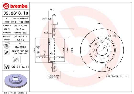 ON FREN DISKI FIAT 500 08 500C 09 PANDA 12 FORD KA 1.3 TDCİ 09 0.9-1.2-1.4-1.3DMTJ 240.5