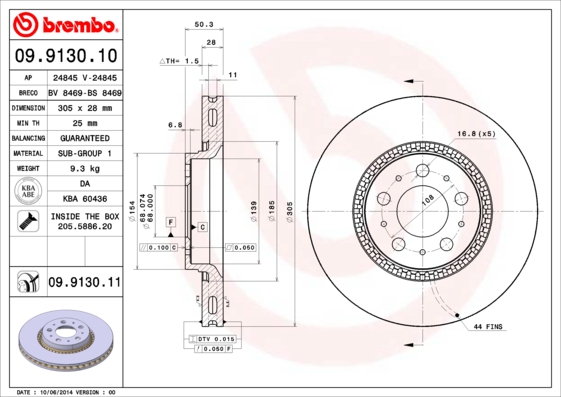 ÖN FREN AYNASI VOLVO S60 00-10 S80 98-06 V70 97-07 XC70 00-07 305X25X5DLX BÜYÜK TİP DELİKLİ -986478494-DF4053S