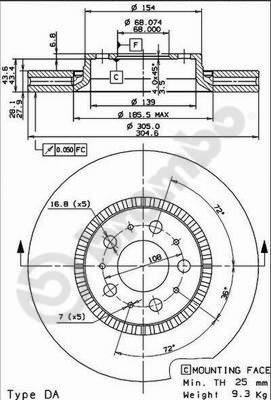 ÖN FREN AYNASI VOLVO S60 00-10 S80 98-06 V70 97-07 XC70 00-07 305X25X5DLX BÜYÜK TİP DELİKLİ -986478494-DF4053S