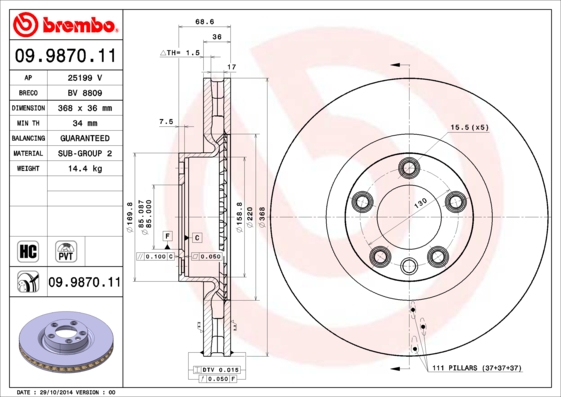ON FREN DISKI-368 36 5 130 VW TOUAREG 07-10 PORSCHE CAYENNE 06-10 0986479A33