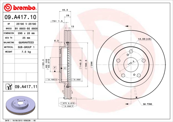 FREN DISKI ON 296-5 -UV COATED TOYOTA RAV4 06 11/RAV4 12 18 /CAMRY 06 11