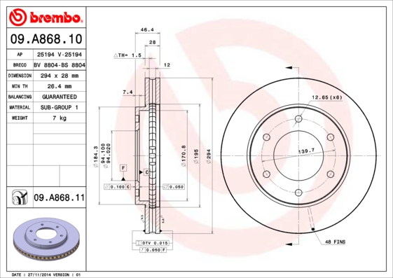 FREN DISKI ON H294-6 UV COATED MITSUBISHI L200 CR 2.5 DID 06- L200 SU 2.4 DID 15 / L200
