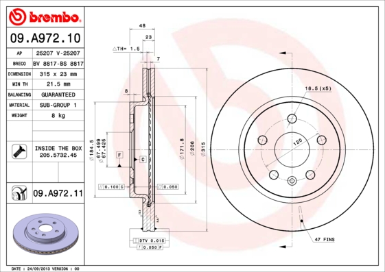 ARKA FREN AYNASI INSIGNIA A 08 SAAB 9-5 YS3G 10 17 JANT-18 JANT 315X22.9X5DLXHAVALI