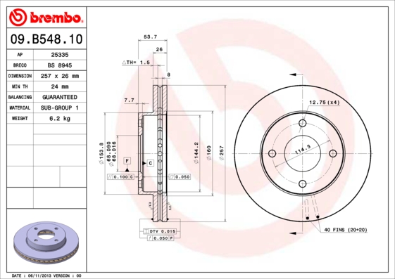 FREN DISKI ON HAVALI 257 MM MITSUBISHI LANCER VII 2.0 I 07- LANCER VIII 1.8 1.8 DI-D 10-