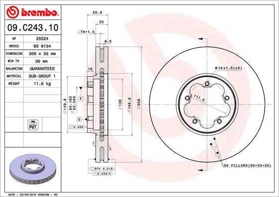 ÖN FREN AYNASI TRANSİT V363-TOURNEO CUSTOM 2.2 TDCİ 13 TEK TEKER 308X33X93.1X55X5DLXHAVALI