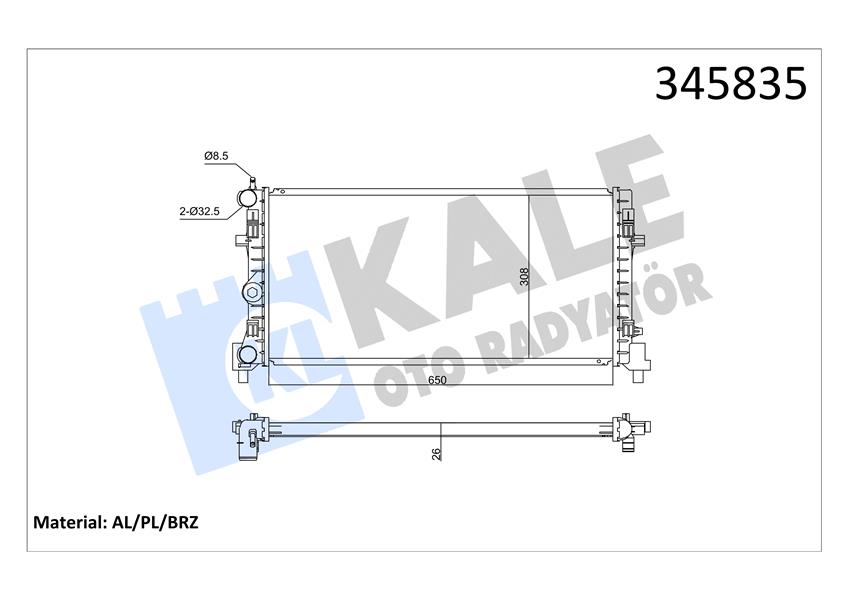 SU RADYATÖRÜ A1 10 IBIZA IV-TOLEDO IV 08 FABIA II-RAPID-ROOMSTER 06 POLO 09 1.2 1.6 1.9TDI 1.2 1.4TSI 1.2TFSI MT BRAZING 650X308X26 6R0121253N-6RF121253
