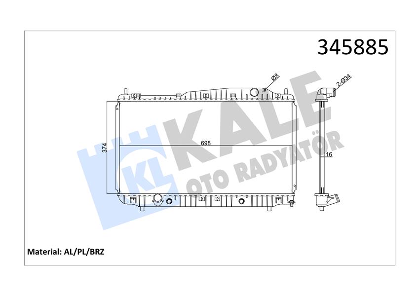 RADYATÖR CHEVROLET EVANDA 05 DAEWOO EVANDA 02 2.0 AC /- MEK 374X700X18 AL/PL/BRZ
