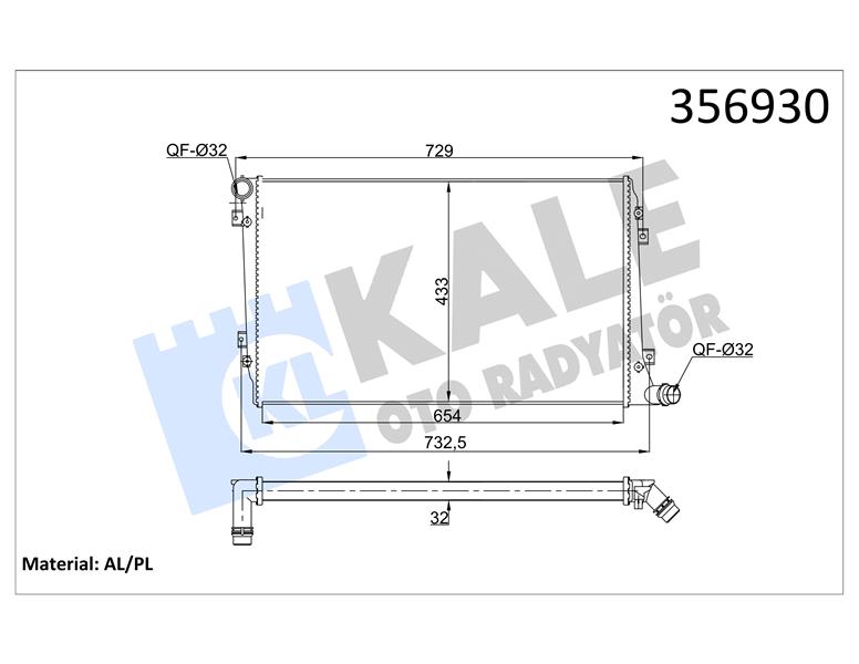 SU RADYATÖRÜ AUDI A3-SEAT ALTEA-LEON-TOLEDO III-SKODA OCTAVIA II-SUPERB II-VW CADDY III-GOLF V-JETTA III-PASSAT-TOURAN 1.9 2.0TDI 04-13 MT AC NAC MEKANİK 654X433X32 1K0121251AN-3C0121253AK