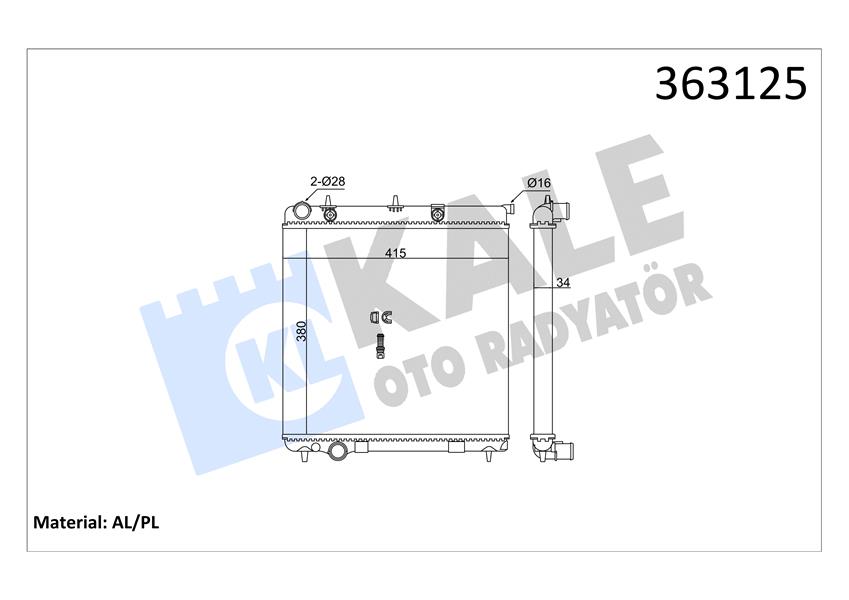 BRAZING VERSİYONU KL297000 PEUGEOT 206 207 - CITROEN C2 C3 1.4HDI 70 ECO 02 MT AC/NAC MEKAN İK 380X415X34 SU RADYATÖRÜ