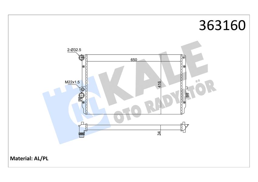 BRAZING VERSİYONU KL351905 VOLKSWAGEN GOLF IV BORA - SEAT LEON TOLEDO II 1.9TDI 00 AT/MT MEKA NİK 650X416X34 SU RADYATÖRÜ