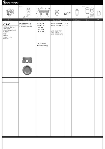 PİSTON SEGMAN 75 STD PEUGEOT-CITROEN C-ELYSEE 1.2 VTI 301 1.2 VTI 1.2 VTİ 72 HP EURO 5-EB2 M 301 -1.2 16V