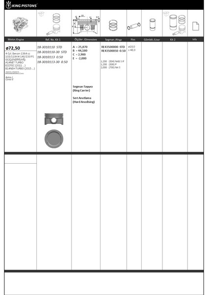 PİSTON KİTİ 1 72.5 STD OPEL ASTRA J CORSA E GÜÇLENDİRİLMİŞ-A14NET TURBO-ECOTEC 2011 ... -B14N