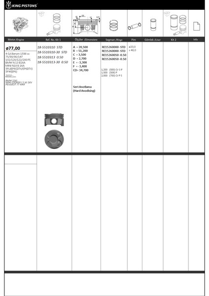 PISTON SEGMAN STD 77.00MM BMW N13 B16 F20 F30 MINI N18 R55 R56 R58 R59 R60 PEUGEOT 5FW EP6 5008 308 3008 207 CITROEN C3 C4