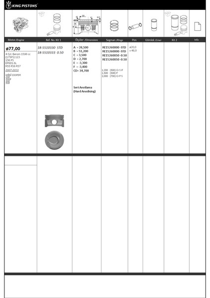PİSTON KİTİ 1 77 STD BMW-PEUGEOT MİNİ COOPER 208 3008 308 508 EP6D1.6L-R55 R56 R57
