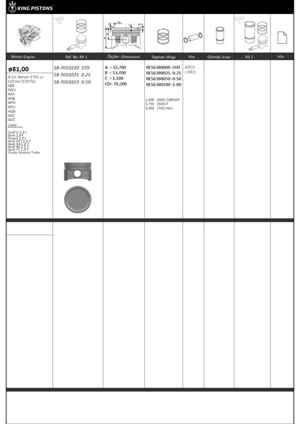 PİSTON KİTİ 1 81 STD VW-AUDI-SKODA-SEAT GOLF VI 18 T BORA 18 T PASSAT 18 T AUDİ A3 I 1.8 T AUDİ A4 1.8 T AUDİ A6 1.8 T AUDİ TT 1.8 T SKODA OCTAVİA TURBO AEB-AGU-AJH-ANB-APH-APU-AQA-ARZ-AVC