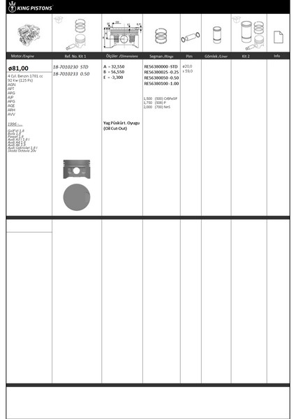 PİSTON KİTİ 1 81 STD VW-AUDI-SKODA-SEAT GOLF VI 18 BORA 18 PASSAT 18 AUDİ A3 I 1.8 I AUDİ A4 1.8 A UDİ A6 1.8 AUDİ CABRİOLET 1.8 I SKODA OCTAVİA 20V AGN-APT-ARG-AJP-APG-AQE-ARH-AVV-