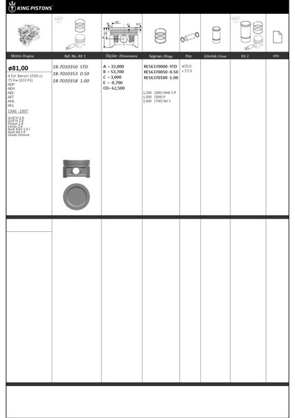 PİSTON KİTİ 1 81 0.50 VW-AUDI-SKODA-SEAT GOLF VI 16 GOLF III 16 PASSAT 16 VENTO 16 AUDİ A3CI 1.6 I AUDİ A4 1.6 SKODA OCTAVİA ADP-AEH-AEK-AFT-AHL-AKL