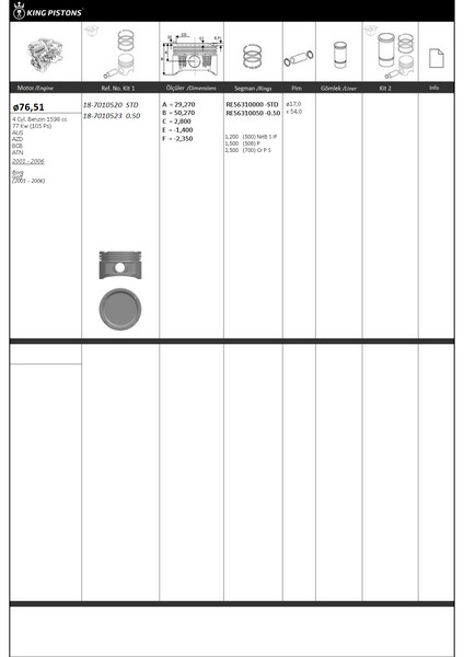 PİSTON KİTİ 1 76.51 0.50 VW-AUDI-SKODA-SEAT BORA GOLF 2001 - 2006 AUS-AZD-BCB-ATN