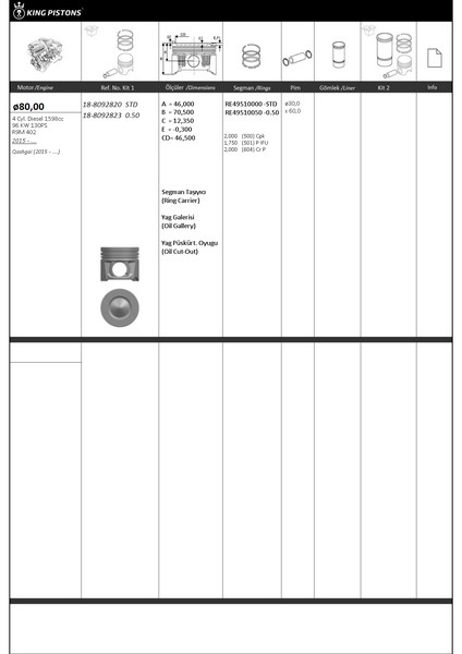 PİSTON KİTİ 1 80 STD RENAULT-NISSAN-MERCEDES QASHGAİ 2015 - .... R9M 402